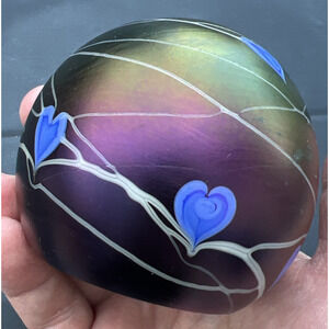 Vandermark Art Glass Paperweight Iridescent Heart & Swirl 1976 Signed 2.75"